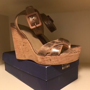 Stuart Weitzman Annex Gold Cork Wedge Sandals 8.5